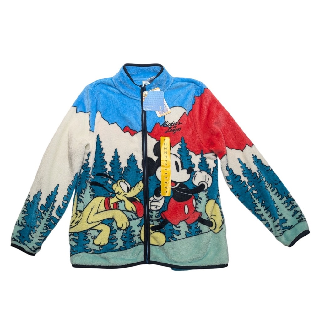 NWT Disney Mickey's Lodge Fleece Jacket Unisex Medium Blue Mickey Mouse Pluto